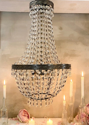 Stunning Vintage French Montgolfier Shaped Crystal Beaded Chandelier with Bronze