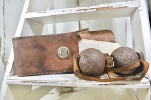 Rustic Antique French Pétanque Set in Old Leather Strap Holder