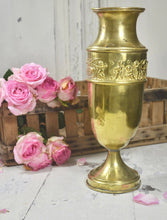 Load image into Gallery viewer, Antique French Large Handcrafted Brass Church Alter Vase with Embossed Cherub Design Scene