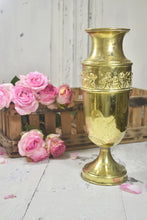 Load image into Gallery viewer, Antique French Large Handcrafted Brass Church Alter Vase with Embossed Cherub Design Scene