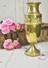 Load image into Gallery viewer, Antique French Large Handcrafted Brass Church Alter Vase with Embossed Cherub Design Scene