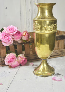 Antique French Large Handcrafted Brass Church Alter Vase with Embossed Cherub Design Scene