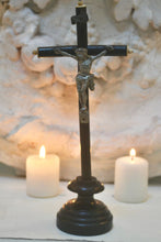 Load image into Gallery viewer, Napoleon III Antique French Ebonised Wooden Catholic Small Standing Crucifix