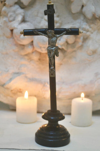 Napoleon III Antique French Ebonised Wooden Catholic Small Standing Crucifix