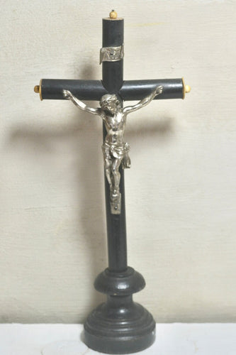 Napoleon III Antique French Ebony Wooden Catholic Standing Crucifix