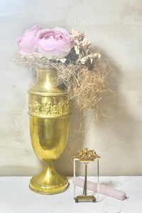 Antique French Large Handcrafted Brass Church Alter Vase with Embossed Cherub Design Scene