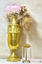 Load image into Gallery viewer, Antique French Large Handcrafted Brass Church Alter Vase with Embossed Cherub Design Scene