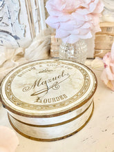 Load image into Gallery viewer, Antique French Pale Cream and Gold Mazuely Bon Bon Tin from Lourdes