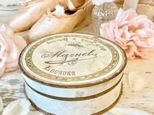 Load image into Gallery viewer, Antique French Pale Cream and Gold Mazuely Bon Bon Tin from Lourdes