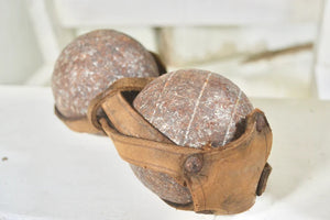 Rustic Antique French Pétanque Set in Old Leather Strap Holder