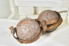 Charger l&#39;image dans la galerie, Rustic Antique French Pétanque Set in Old Leather Strap Holder