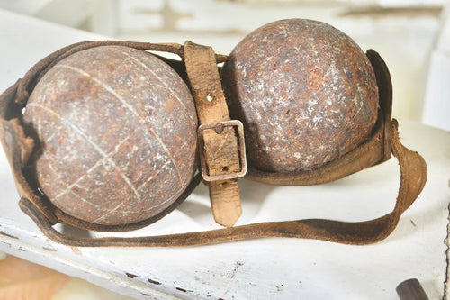 Rustic Antique French Pétanque Set in Old Leather Strap Holder