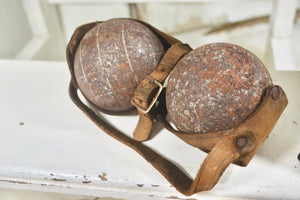 Rustic Antique French Pétanque Set in Old Leather Strap Holder