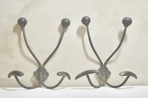 Set of Two Vintage French Bistro Wrought Iron Coat and Hat Hooks