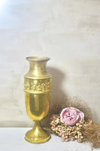 Load image into Gallery viewer, Antique French Large Handcrafted Brass Church Alter Vase with Embossed Cherub Design Scene