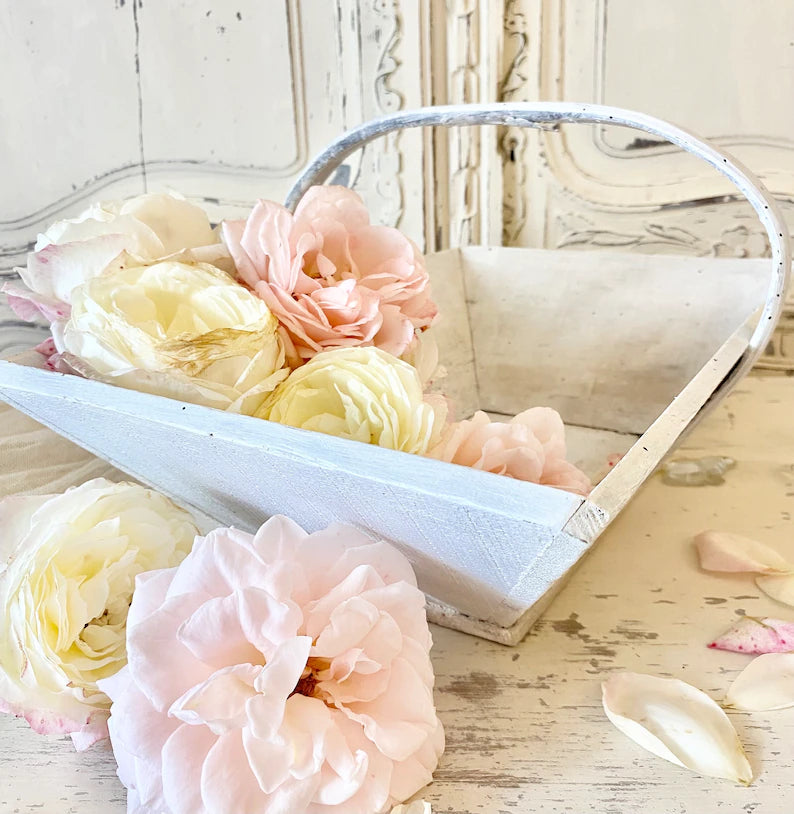 Antique French White Washed Wooden Harvest Basket