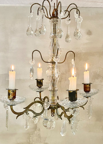 Antique French Four Arm Candle Chandelier with Crystals