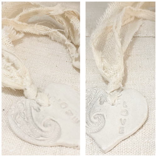 Handmade Unglazed White Clay Love Heart on Antique Hemp and Linen Tassel