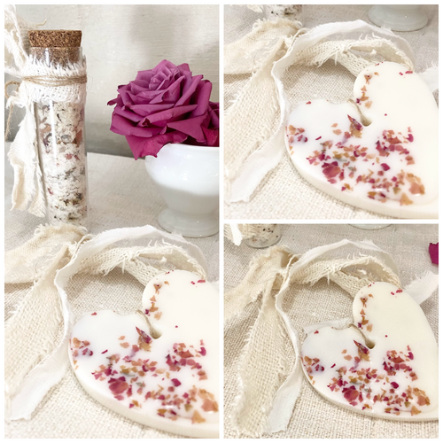 Rose Scented  Soya Wax Heart on Antique Handlloomed  Linen Hemp Tassel