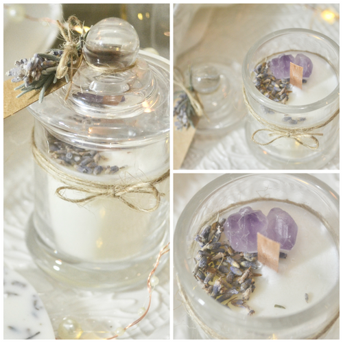 Lavender Scented Soya Wax Candle Infused with Amethyst Stone in Glass Jar