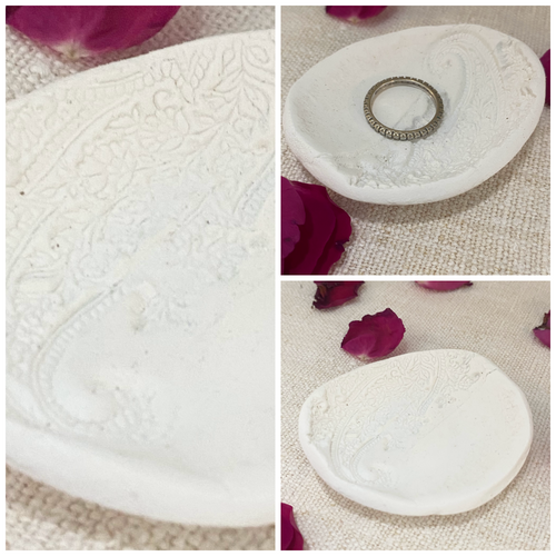 Handmade Unglazed White Clay Embossed Design Ring Dish
