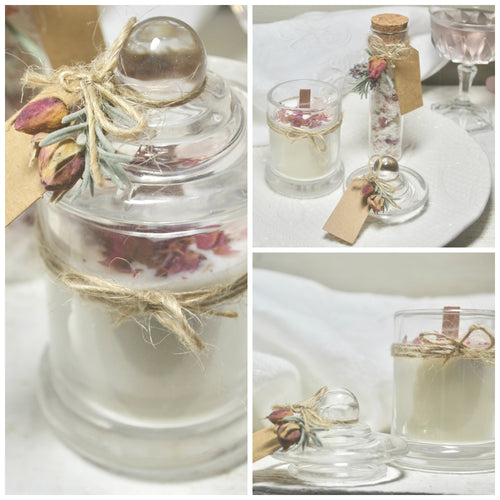 Vintage Rose Scented Soya Wax Candle Infused with Rose Quartz in Glass Jar