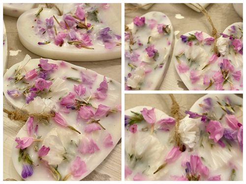 Wild Flower Garden Scented Soya Wax Hearts with Dried Flowers on a Raw Raw Hemp Thread